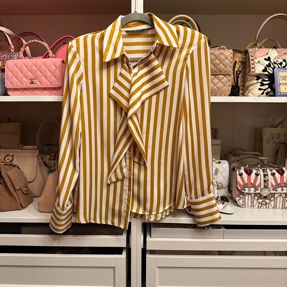 MOVING SALE ZARA Striped Mustard and White Long-Sleeve Button Front Blouse